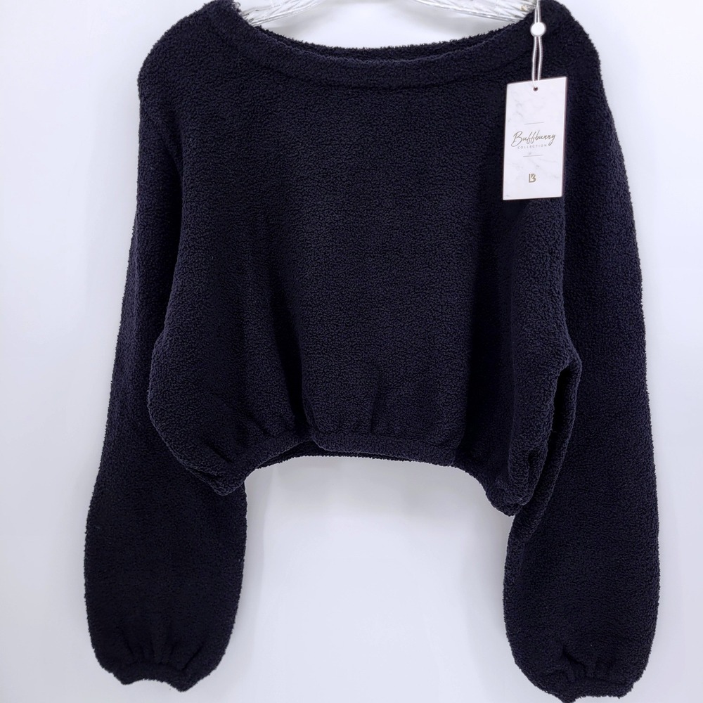 NEW Buffbunny Collection Black Teddy Cropped Sweater Balloon Sleeve Small NWT